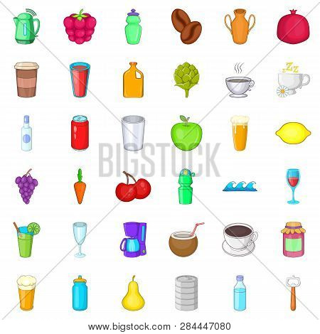 Hot Drink Icons Set. Cartoon Style Of 36 Hot Drink Icons For Web Isolated On White Background