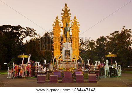Chiang Ray, Thailand - December 16, 2018: Monument To King Mengray The Great On Evening Twilight
