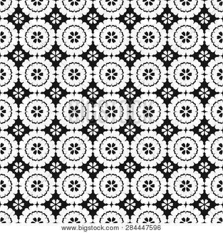 Vector Black And White Geometric Flowers Seamless Repeat Pattern Background.