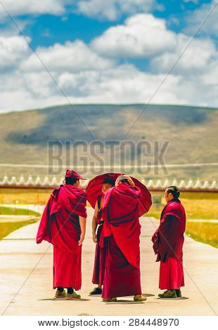Tagong, China On 12th May 2015 - View On Group Of Tibetan Monks Talking