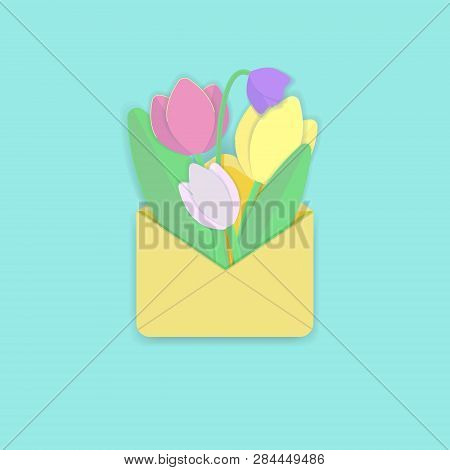 A Letter Of Congratulations. Multicolored Tulips In A Yellow Envelope Or Card On A Blue Background.