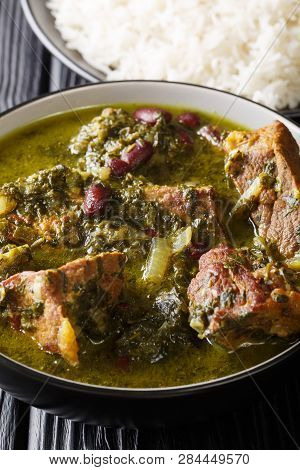 Ghormeh Sabzi Persian Herb Stew With Meat And Beans Closeup In A Bowl. Vertical