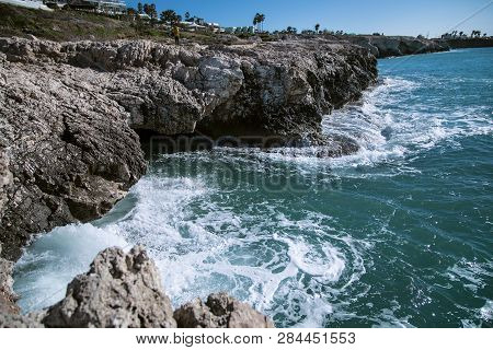 Beautiful View On A Scenery Rocks Sea Waves At Mediterranean Sea Cyprus Aiya Napa