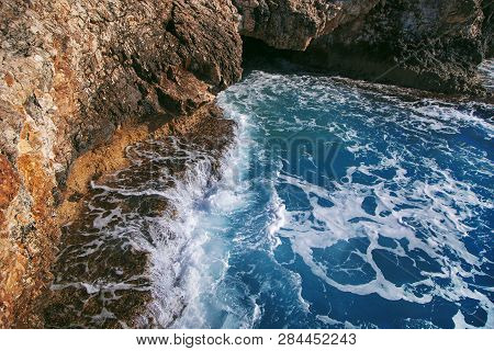 Beautiful Closeup View On A Scenery Rocks Sea Waves Of Mediterranean Sea In Cyprus Aiya Napa