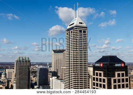 Indianapolis - Circa January 2019: Indianapolis Downtown Skyline On A Sunny Day Including The Salesf