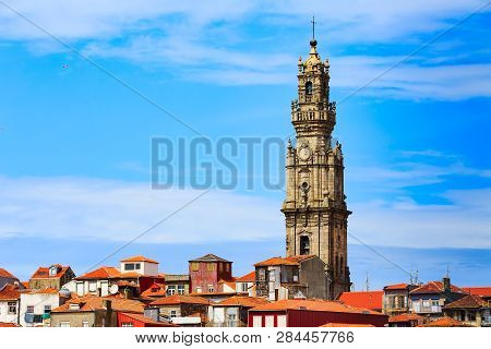 Porto, Portugal Old Town Aerial View With Clerigos Church Tower