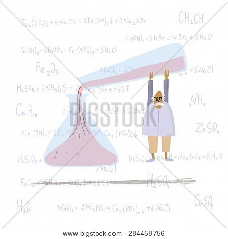Funny Professor Pours Liquids On Background With Chemical Formulas. Stylized Person