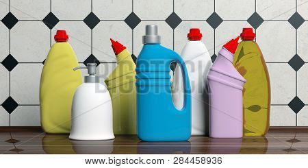 Variety Of Blank No Name Plastic Bottles With Detergents, Tiled Wall Background. 3D Illustration