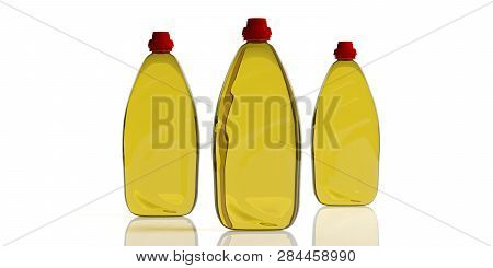 Dish Soap, Dishwashing Detergent In Transparent Blank Bottles, Isolated On White Background. 3D Illu