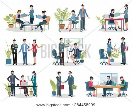 Conference Holding And Contract Signing, Office Business Meetings Vector. Documents Folders And Lapt