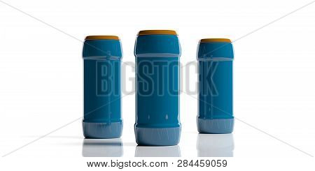 Powder Detergent In Blue No Name Plastic Bottles, Isolated On White Background. 3D Illustration