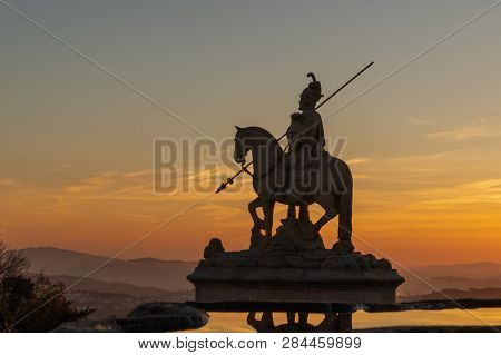 Braga, Portugal - Circa February 2019: Sunset Silhouette Of Sculpture Of St Longinus In Famous Sanct