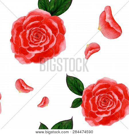 Seamless Illustration Of Watercolor Red Roses And Leaves Of Roses On A White Background