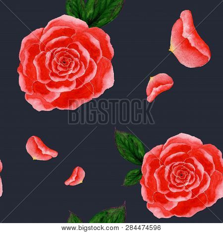 Seamless Illustration Of Watercolor Red Roses And Leaves Of Roses On A Dark Background.