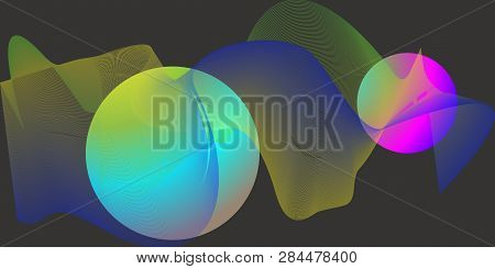 Abstract Multicolored Blend Mesh And Bright Balls Planet Style. Dark Pastel Background Behind