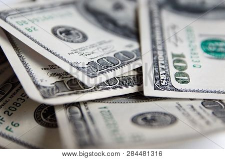 A Pile Of One Hundred Us Banknotes With President Portraits. Cash Of Hundred Dollar Bills, Dollar Ba