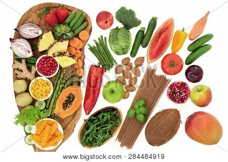 Alkaline health food of fresh vegetables, fruit, herbs, whole wheat pasta and nuts. High in omega 3, antioxidants, anthocyanins, fibre, minerals and vitamins.