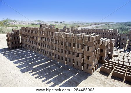 Handmade Clay Bricks For Kyzyl-kala Fortress Repair In Kyzylkum Desert, Uzbekistan
