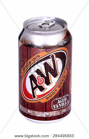 Novyy Urengoy, Russia - February 11, 2019: Aluminium Can Of The A&w Root Beer Isolated Over White Ba