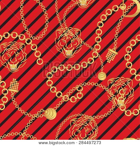 Tiger Head And Gold Chains Striped Red Pattern Fashion Wild Vector Design. Jewelry Pendants Accessor