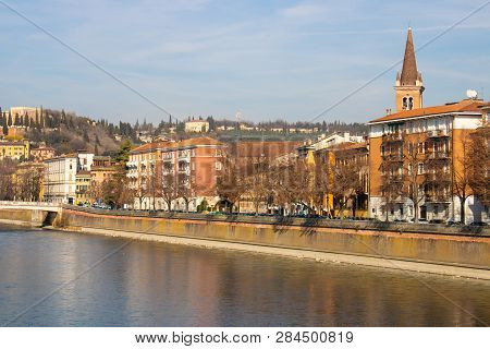 Winter Landscape In Verona, Italy, City View From The Bridge. Verona, Italy - Image