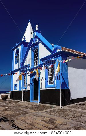 Decorated Facade Of A Church In Azores With The Traditional Blue And White Colors. Portugal