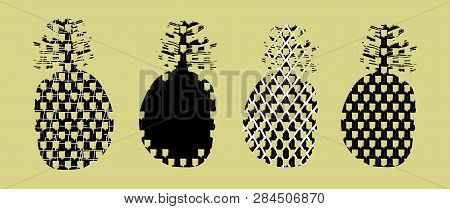Set Of Stylized Silhouettes Of Pineapple Fruits In Doodle Style Isolated On Beige. Tropical Doodling