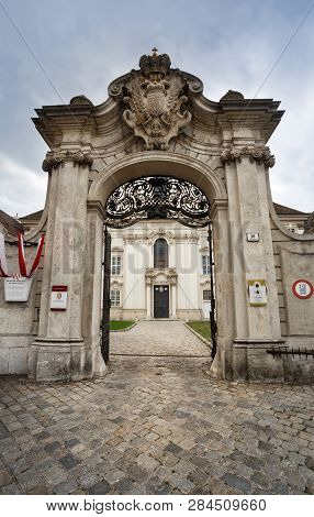 Vienna, Austria - July 12, 2017. Main Portal In Front Of The Salesianerinnenkirche Church. Monastery