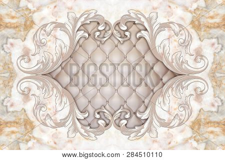 3d Ceiling, Stucco Decor Frame, Beige Leather Quilted Buttoned In The Middle On Marble Background. 3