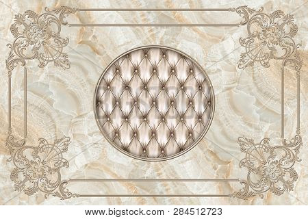 3d Ceiling, Stucco Decor Frame, Beige Leather Quilted Buttoned In The Middle On Marble Background. 3