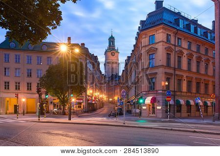 Church Of St Nicholas, Stockholm Cathedral Or Storkyrkan At Night, Gamla Stan In Old Town Of Stockho