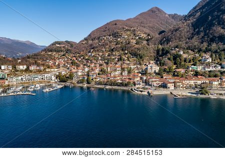 Aerial View Of Laveno Mombello On The Coast Of Lake Maggiore, Province Of Varese, Italy