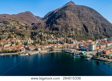 Aerial View Of Laveno Mombello On The Coast Of Lake Maggiore, Province Of Varese, Italy