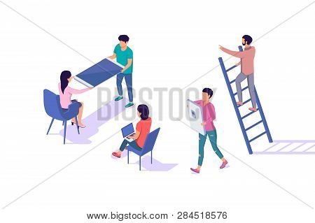 Isometric 3d Young Man And Woman Characters With Items. Concept Modern Urban People With Mobilephone