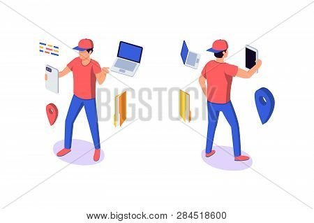 Isometric 3d Young Man Character With Gadgets Around. Concept Modern Urban Student With Mobilephone,