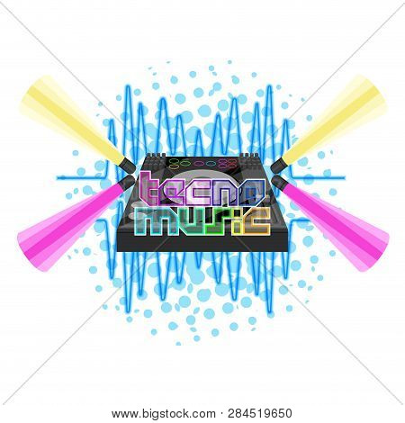 Tecno Music Label With Dj Turntable. Vector Illustration Design