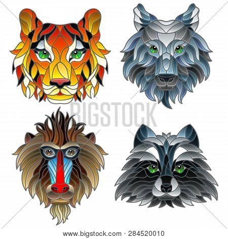 A Set Of Stained Glass Items, Stained Glass With Animal Heads, A Wolf, A Tiger, A Monkey And A Racco