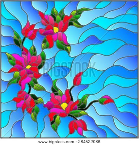 Illustration In Stained Glass Style With Abstract Flowers, Leaves And Swirls, On Blue Background