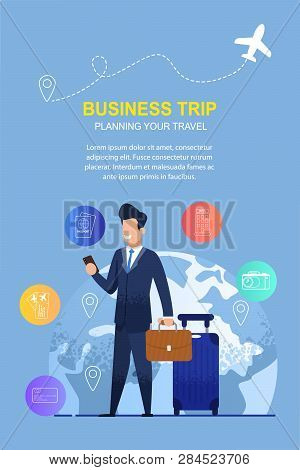 Man Uses A Mobile Application For Business Trip. Banner Illustration Company Helping To Planning You