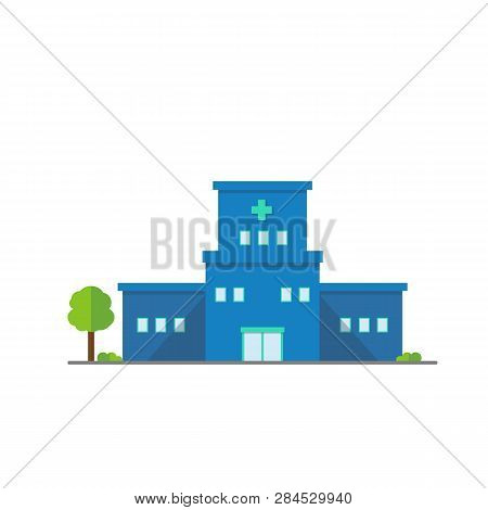 Flat Hospital Buiding Outdoor Design Icon.vector Illustration.medical Buiding Center With Tree.