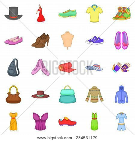 Stylish Clothes Icons Set. Cartoon Set Of 25 Stylish Clothes Icons For Web Isolated On White Backgro