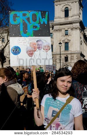 London, Uk, United Kingdom 15th February 2019:- Striking School Aged Children In Central London Over