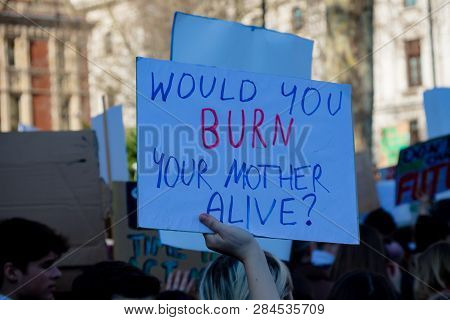 London, Uk, United Kingdom 15th February 2019:- Striking School Aged Children In Central London Over
