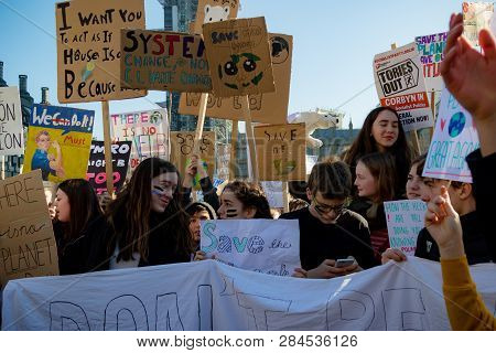 London, Uk, United Kingdom 15th February 2019:- Striking School Aged Children In Central London Over