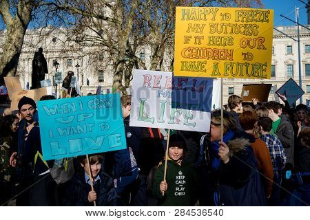 London, Uk, United Kingdom 15th February 2019:- Striking School Aged Children In Central London Over