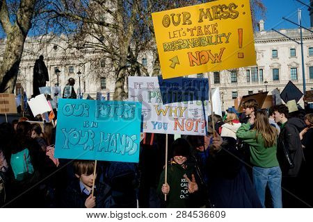 London, Uk, United Kingdom 15th February 2019:- Striking School Aged Children In Central London Over