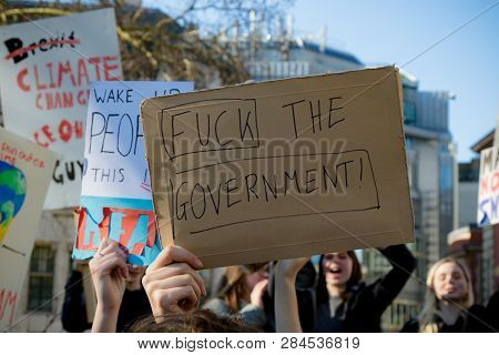 London, Uk, United Kingdom 15th February 2019:- Striking School Aged Children In Central London Over