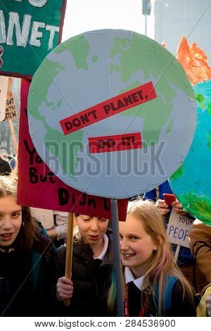 London, Uk, United Kingdom 15th February 2019:- Striking School Aged Children In Central London Over
