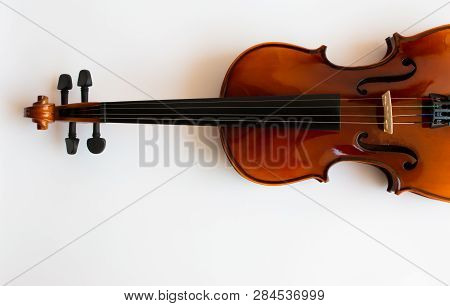 Violin Or Viola With Bow In White Background. Fiddle In White Background