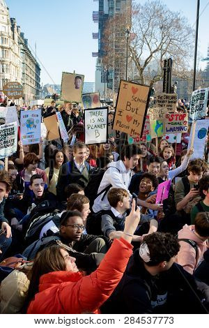 London, Uk, United Kingdom 15th February 2019:- Striking School Aged Children In Central London Over